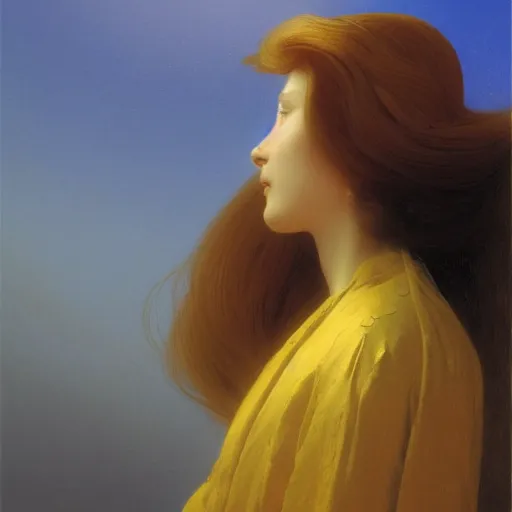 Image similar to a young woman's face, her hair is gold and she wears an cobalt blue satin cloak, by ivan aivazovsky and syd mead and moebius and gaston bussiere and roger dean and pieter claesz and paul delaroche and alma tadema and aelbert cuyp and jan eyck, hyperrealistic, volumetric light, octane render