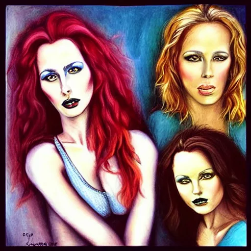 Image similar to “ five identical pretty women side by side, hyper realistic, in the style of julie bell ”