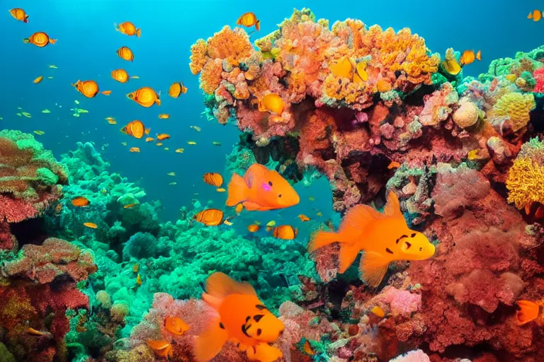Image similar to photo of a baby cat scuba diving and chasing a school of fish above colorful coral reefs, award - winning photograph, national geographic, 8 k uhd, excellent lighting
