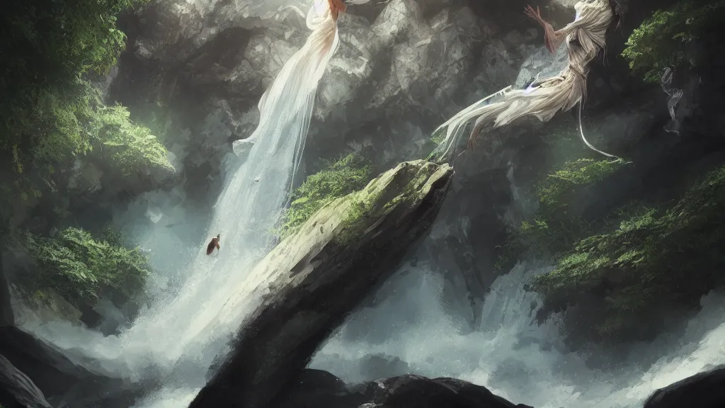 Image similar to a flying ghost!!!, close up, waterfall in the background, hyperdetailed, artstation, cgsociety, 8k