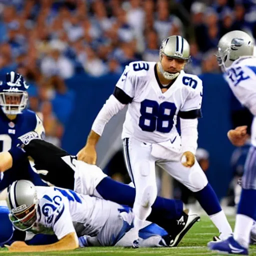 Prompt: tony romo fumbling the hold on an extra point, high definition, cinematic, emotional, thrilling,
