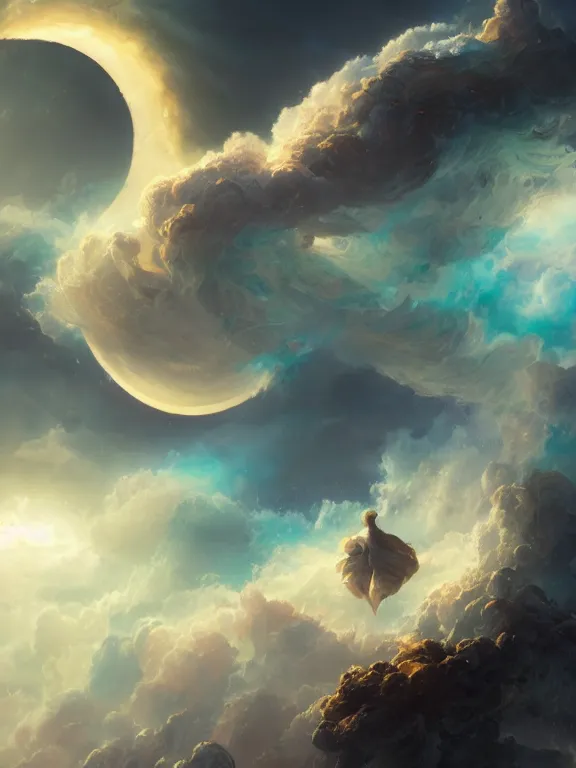 Image similar to photo of 8k ultra realistic crescent moon surrounded by swirling clouds and dramatic lighting, moon beams, full of colour, cinematic lighting, battered, trending on artstation, 4k, hyperrealistic, focused, extreme details,unreal engine 5, cinematic, masterpiece, art by Peter Mohrbacher