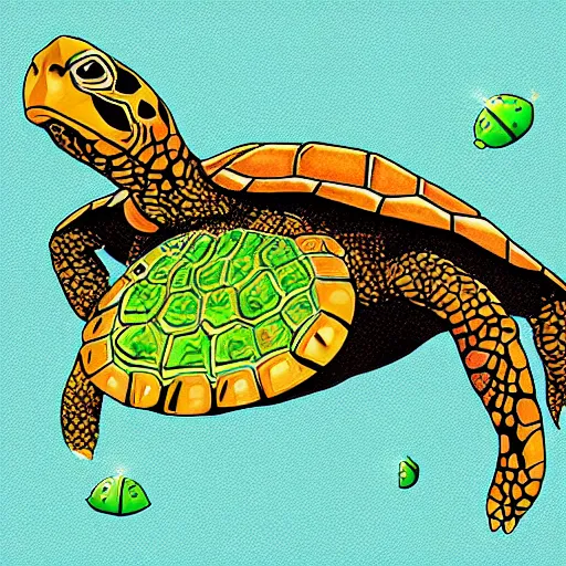 Prompt: turtle eating blue pop rocks digital art