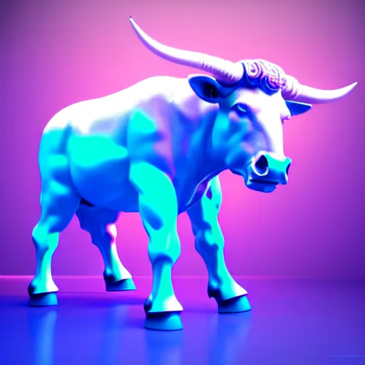 Image similar to unreal engine octane render houdini hyperreallistic render 8k marble statue of the bull minotaur vaporwave blue and pink neon background