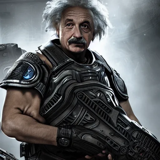 Image similar to Albert Einstein in Gears of War, splash art, movie still, detailed face, cinematic lighting, dramatic, octane render, long lens, shallow depth of field, bokeh, anamorphic lens flare, 8k, hyper detailed, 35mm film grain