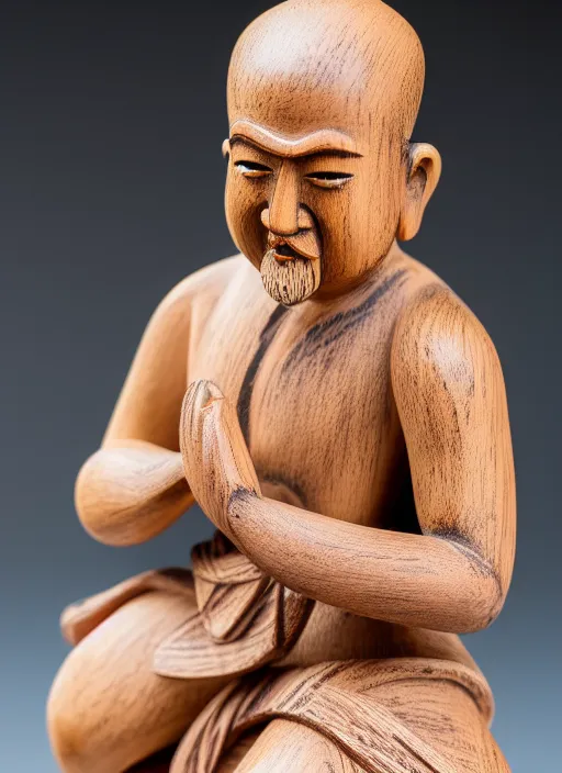 Image similar to still wooden figurine of monk wearing a white shorts, personification, dynamic pose, detailed product photo, 8 k, 8 5 mm, f. 1 4, beautiful composition