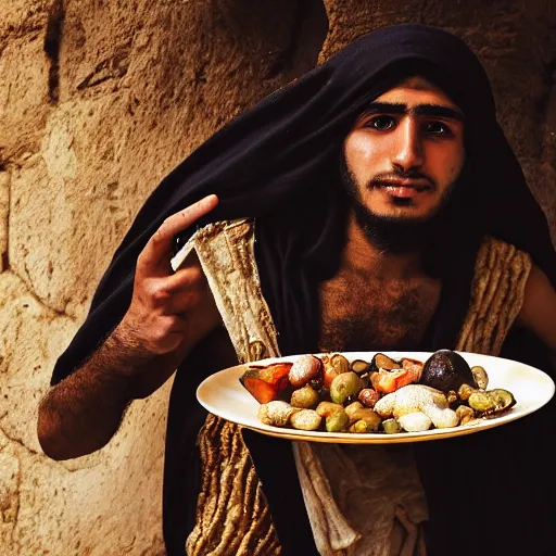 Image similar to 18 year old middle eastern skinned man in ancient Canaanite clothing holding a plate of rotten fruit. A 22 year old middle eastern skinned man in ancient Canaanite clothing carrying a beautiful goat, dramatic angle, 8k hdr pixiv dslr photo