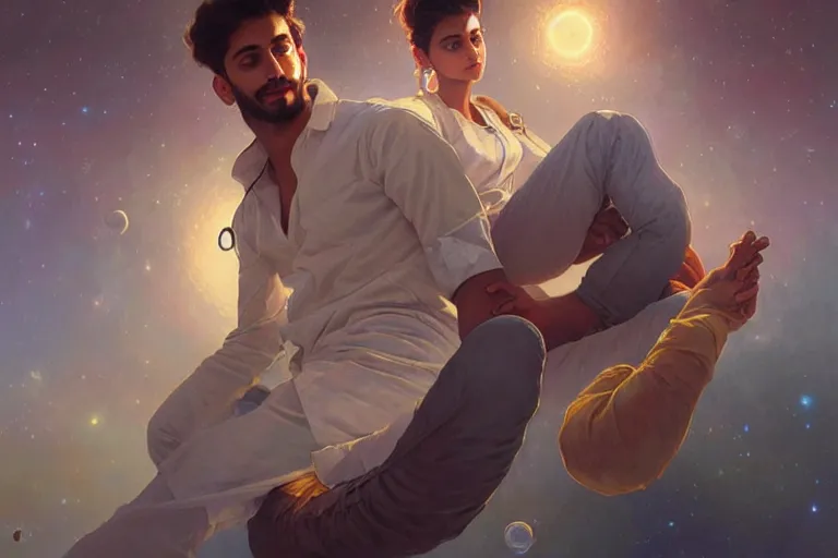 Image similar to Sensuous good looking pale young Indian doctors wearing jeans in a space station above Earth, portrait, elegant, intricate, digital painting, artstation, concept art, smooth, sharp focus, illustration, art by artgerm and greg rutkowski and alphonse mucha