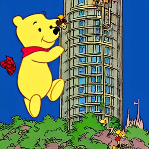 Prompt: winnie - the - pooh climbs skyscraper in comic style