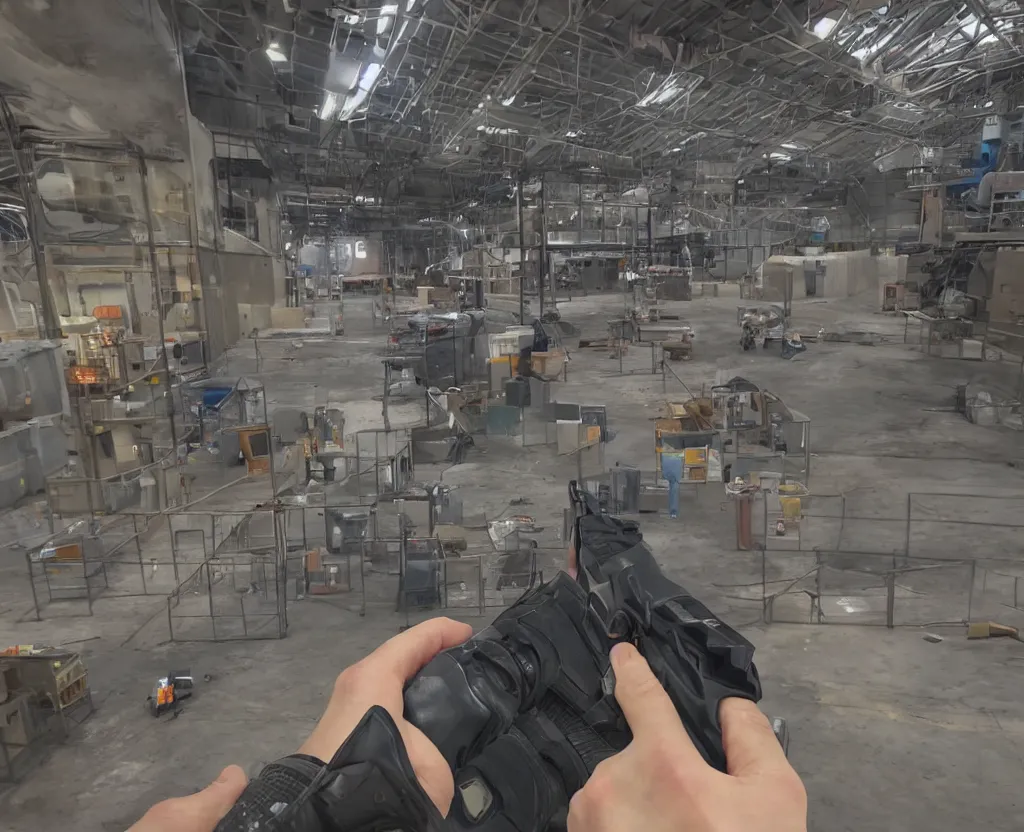 Prompt: first person shooter point of view with a soda can in his hand in a factory