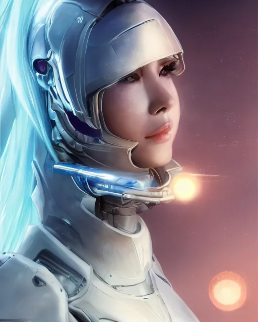 Image similar to detailed portrait of perfect android girl, warframe armor, beautiful face, scifi, futuristic, space station, laboratory, song hye - kyo, dreamy, long white hair, blue cyborg eyes, cinematic lighting, innocent, highly detailed, sharp focus, smooth, artstation, intricate, award winning, pure aura, divine, by akihiko yoshida