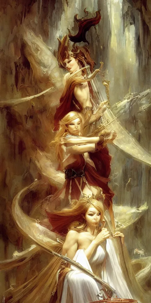 Image similar to beautiful fragile elf bard in robes, playing on a harp, masterpiece , cinematic, powerful, dramatic light, highly, intricate elements, detailed, digital painting, artstation, concept art, sharp focus, illustration, dynamic by Edgar Maxence and Ross Tran and Michael Whelan art by Frank frazetta