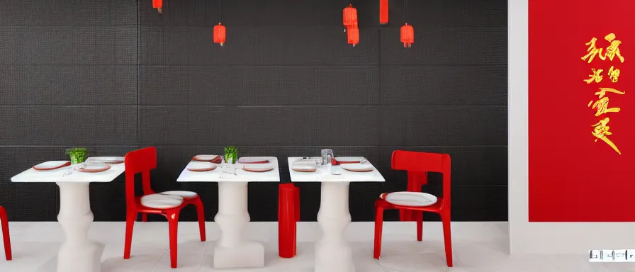 Image similar to a beautiful simple interior render of small roasted string hotpot restaurant restaurant yan'an, wall corner, from china, red paper wall and white tile floor, rectangle white porcelain table, fine simple delicate structure, chinese style, simple composition, simple style structure decoration design, victo ngai, 4 k hd