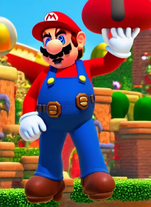 Image similar to film still of tom selleck as mario in super mario odyssey, gameplay, 8 k, hd