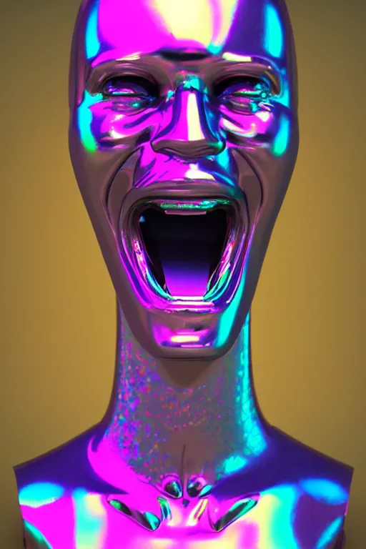 Image similar to 3d render of holographic angry human robotic screaming angry bust made of glossy iridescent, screaming, bust, surrealistic 3d illustration of a human non-binary, non binary model, 3d model human, cryengine, made of holographic texture, holographic material, holographic rainbow, concept of cyborg and artificial intelligence