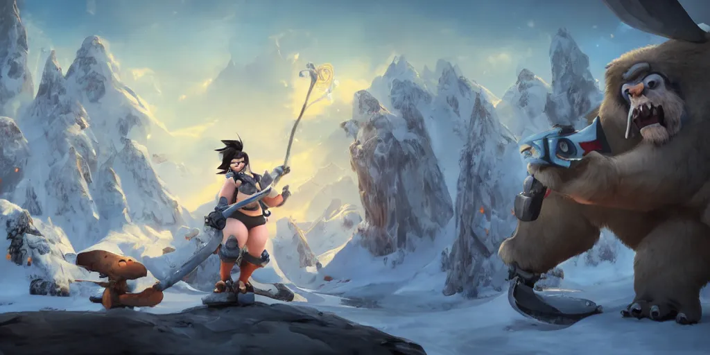 Prompt: matte painting of mei from overwatch holding an axe and fighting with mammoths in ice age, trending on artstation