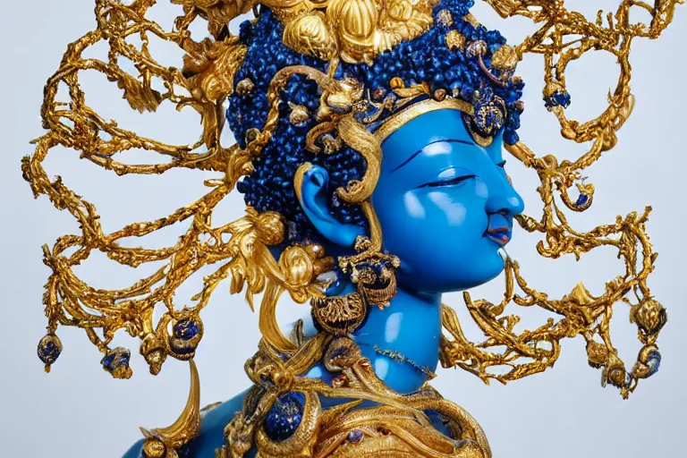 Image similar to full head and shoulders, beautiful female, deep blue porcelain sculpture, plastic jewellery of a hindu god, with lots of ornate gold leaf animals, attached to head by daniel arsham and james jean, on a white background, delicate facial features