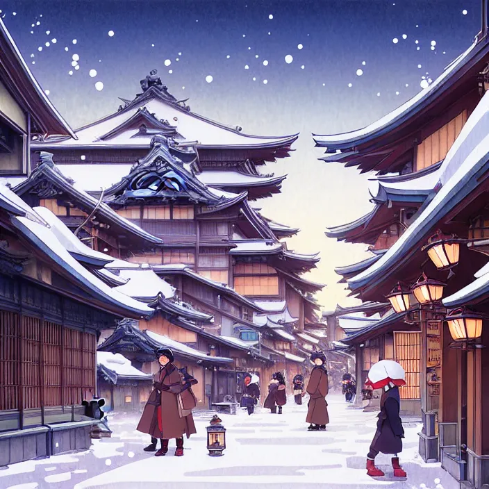 Image similar to japanese city, winter, in the style of studio ghibli, j. c. leyendecker, greg rutkowski, artem