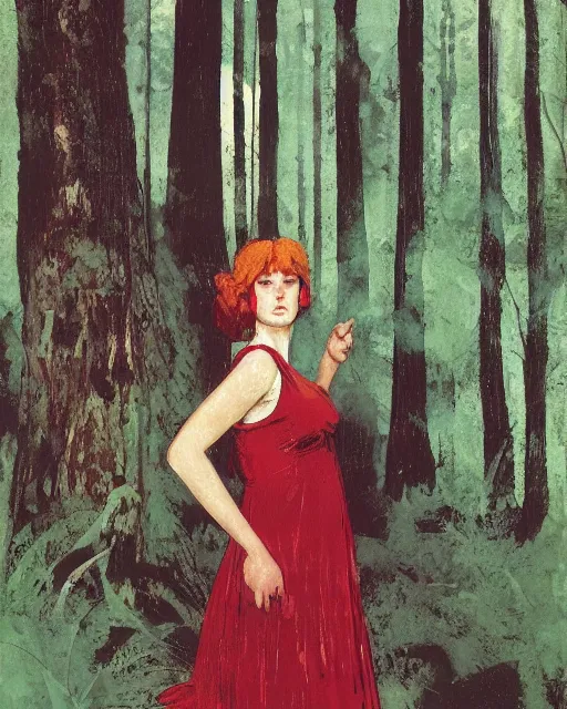 Prompt: a girl wearing red lost in the dark woods, 1 9 7 0 s, seventies, wallpaper, delicate embellishments, painterly, offset printing technique, by john howe, brom, robert henri, walter popp