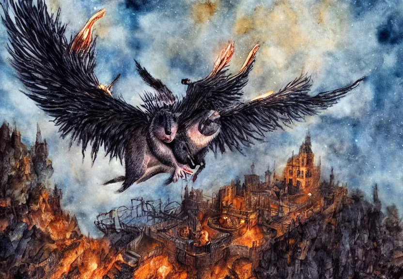 Image similar to the legendary fire winged possum is flying over a medieval castle under the dark starred sky, dark fantasy, watercolor, dreaming illusion, highly detailed, 4k, trending on Artstation, award-winning