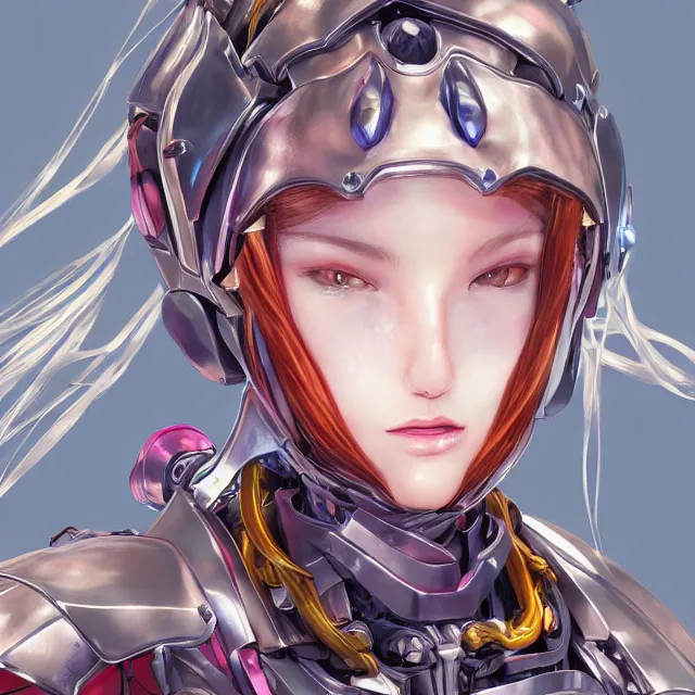 Image similar to studio portrait of lawful good colorful female holy mecha paladin absurdly beautiful, elegant, young cute anime girl, ultrafine hyperrealistic detailed face illustration by kim jung gi, irakli nadar, intricate linework, sharp focus, bright colors, matte, octopath traveler, final fantasy, unreal engine highly rendered, global illumination, radiant light, intricate environment