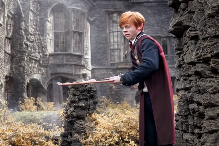 Image similar to film still Freddy Highmore as Ron Weasley wearing hogwarts uniform in Harry Potter movie