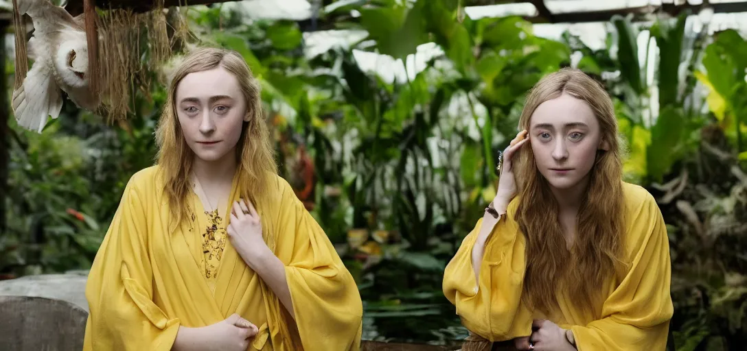 Prompt: A medium format portrait shot on graflex of Saoirse Ronan wearing a yellow kimono in a tropical greenhouse, she has a very detailed barn owl on her shoulder, bokeh