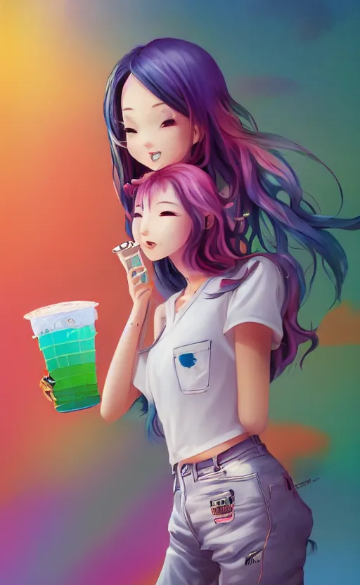 Image similar to a kawaii woman with rainbow hair, happy, summer time, holding boba tea drink, soft eyes and narrow chin, dainty figure, long hair straight down, kawaii shirt and jeans, basic white background, In style of by Jordan Grimmer and greg rutkowski, crisp lines and color