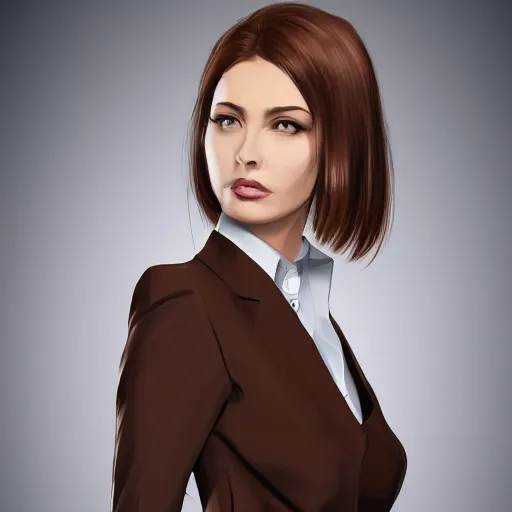 Prompt: woman in business suit, brown neat hair, pixiv, fanbox, trending on artstation, digital art, portrait, modern, sleek, highly detailed, formal, serious, determined, competent, colorized, smooth, charming, pretty, safe for work, law office