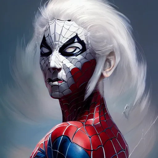 Image similar to full body portrait of white haired girl in spider man suit, super hero, webs, highly detailed, digital art, artstation, concept art, smooth, sharp focus, greg rutkowski, wlop