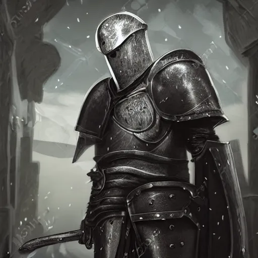 Prompt: Aging knight in black plate armor stands alone in empty alley, no helmet, grey hair, Dungeons and Dragons, character portrait, highly detailed