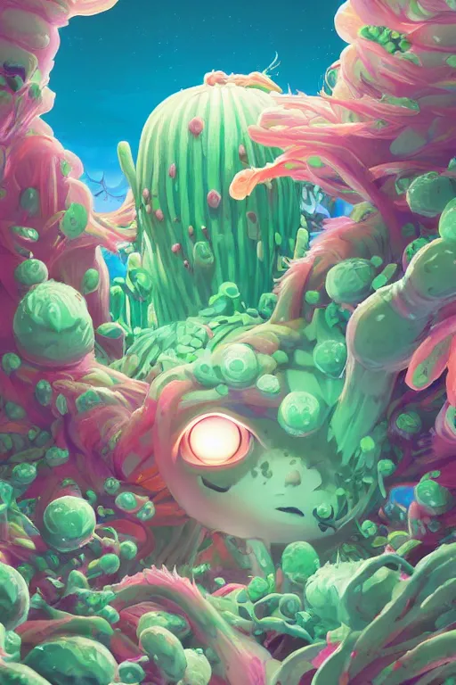 Image similar to roots cactus sushi cristal smurf ghost creature animal sushi cristal very big eye roots cactus elemental flush of force nature micro world fluo fishscale, behance hd by jesper ejsing, by rhads, makoto shinkai and lois van baarle, ilya kuvshinov, rossdraws radiating a glowing aura global illumination ray tracing hdr