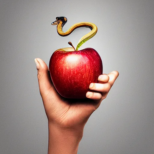 Image similar to hyperrealistic hand with a snake in between the fingers and an apple