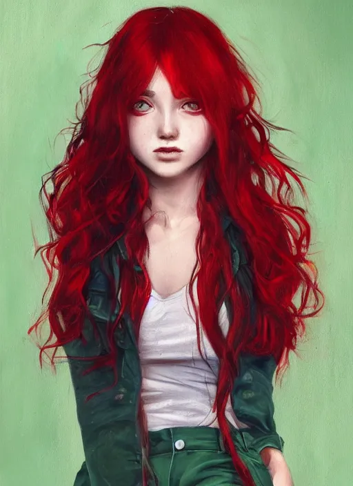 Prompt: painting of a beautiful tomboy girl with long, crimson red hair and red eyes, wearing a dark red shirt and green jeans with a stern look, concept art, character design, trending on artstaion, by WLOP, by Tomine, by Kon, Satoshi, by Hildebrandt