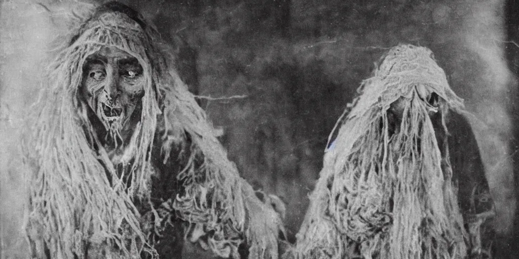 Prompt: 1 9 2 0 s spirit portrait photography of an old female farmer turning into a krampus ghost with hay cloth in the dolomites, by william hope, dark, eerie, grainy