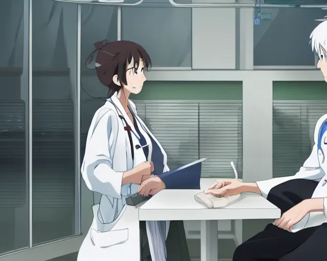 Image similar to a cute young female doctor wearing white coat are talking with an old surgeon in a hospital, slice of life anime, lighting, anime scenery by Makoto shinkai