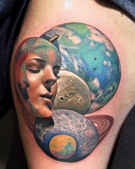 Prompt: planets emerge from a broken renaissance statue, tattoo design, hyper - realistic, in the style of tony santos