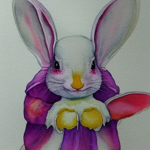 Image similar to a white rabbit with beautiful angelic white wings, smiling, watercolour realistic