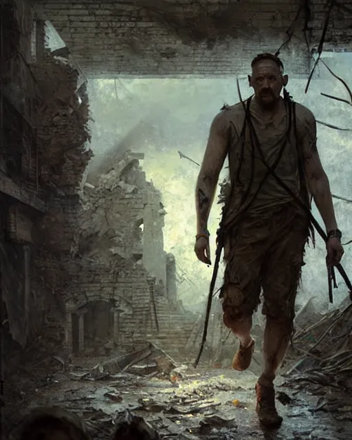 Image similar to tom hardy as a survivor, scavenging the ruins | | realistic shaded, fine details, realistic shaded lighting painting by greg rutkowski, diego gisbert llorens, magali villeneuve, artgerm, jeremy lipkin, michael garmash, rob rey