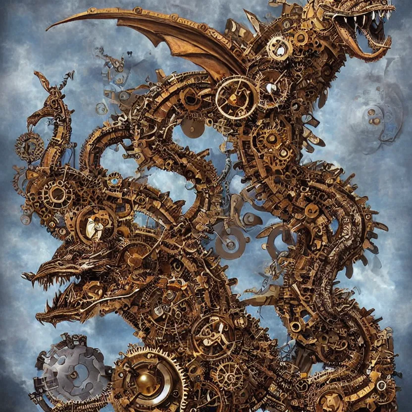 Image similar to steampunk dragon made of clockwork gears. whimsical fantasy art. award winning painting. highly detailed digital art. masterpiece. trending on artstation