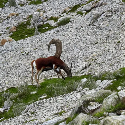 Prompt: ibex eating edelweiss on a mountain lake