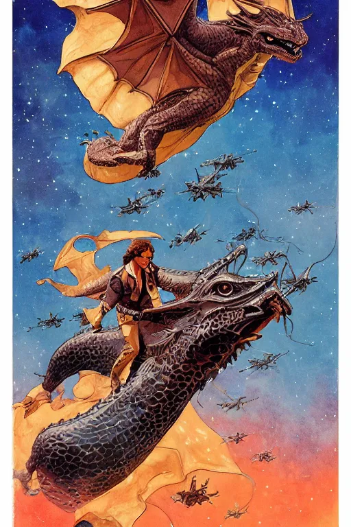 Image similar to han solo riding a dragon, full view, science fiction, art by jean giraud, moebius, juan gimenez, in watercolor gouache detailed paintings, in style of syd mead, colorful comics style, artstation