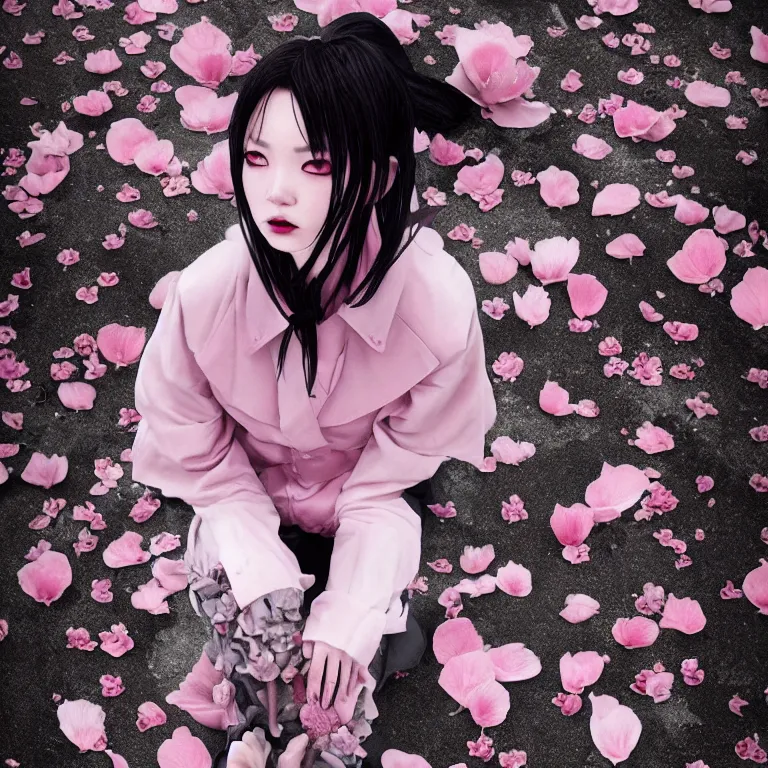 Image similar to cloudy cemetary with pink petals on the floor, goth woman sitting down, intricate details, complementary lighting, detailed face, backlighting, octane render, raytraced, depth of field, beautiful face, extremely detailed, trending in artstation, focus on face, sharp focus, radiant light, beautiful composition, yihao ren, zochi, zero - hour, jean paul fiction