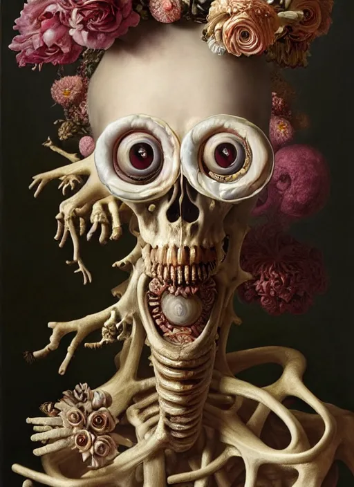 Prompt: strange, looming head, biomorphic painting of a woman with large eyes, wearing an ornate crown made of flowers and bones by, rachel ruysch, jenny saville and charlie immer, highly detailed, emotionally evoking, head in focus, volumetric lighting, oil painting, timeless disturbing masterpiece