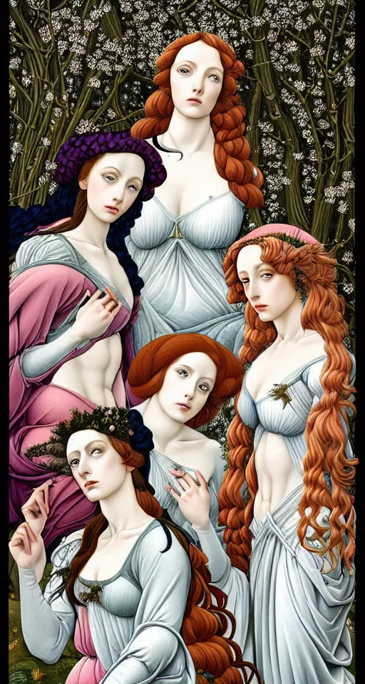 Prompt: the 3 Goddesses of Winter, in a mixed style of Botticelli and Æon Flux, inspired by pre-raphaelite paintings and shoujo manga, surrounded by flora and fauna, hyper detailed, stunning inking lines, flat colors, 4K photorealistic