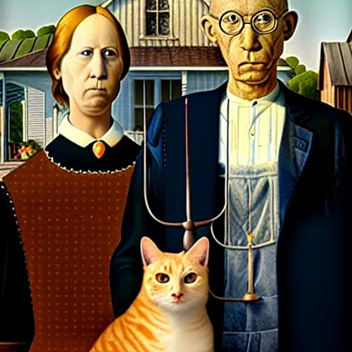 Image similar to fat orange tabby cat in american gothic by grant wood