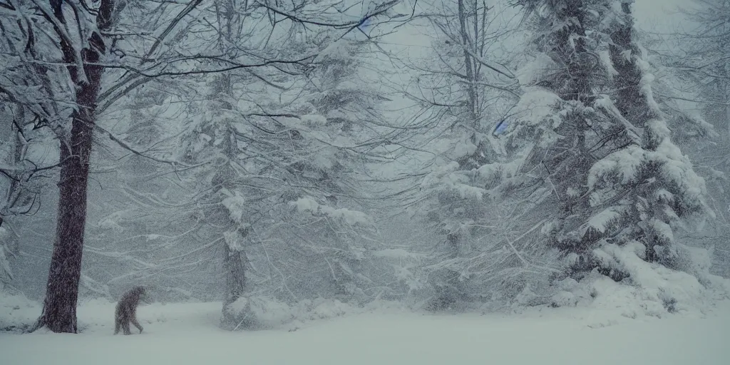 Image similar to photo, bigfoot is hiding in the background. cold color temperature, snow storm. hazy atmosphere. humidity haze. kodak ektachrome, greenish expired film, award winning, low contrast