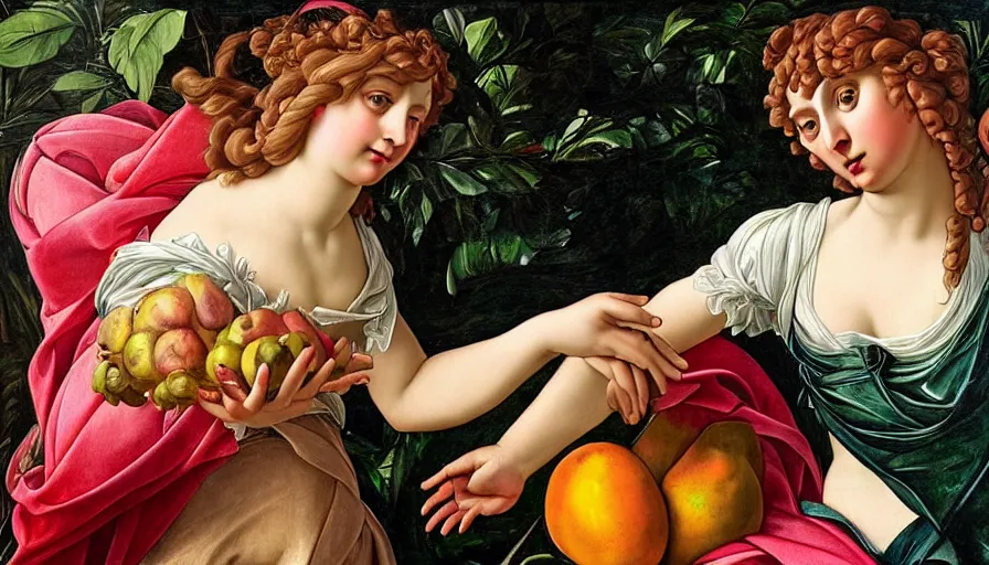 Prompt: a huge standalone maximalist hyperrealistic photorealistic hand holding an hyperdetailed fruit. seen from the distance. art nouveau rococo in the style of caravaggio and botticelli. hd 8 x matte background in vibrant vivid pastel colour textures