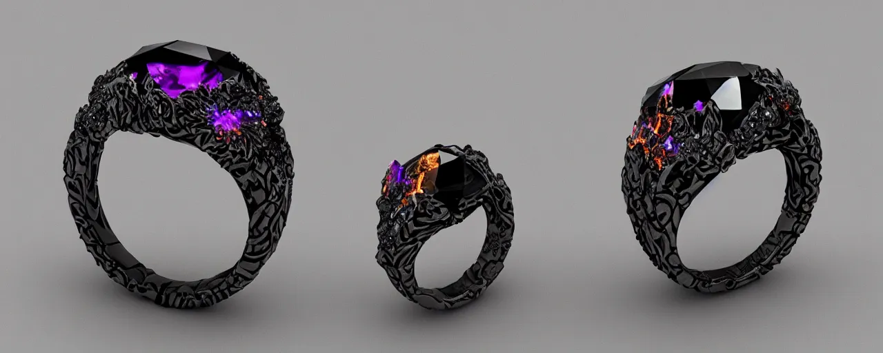 Image similar to black magic crystal ring, fire, flame, ashes, smooth, crystal, engravings, diamonds, product design, jewelry, colorful, art by gerald brom, greg rutkowski and artgerm, photo realism, unreal engine, c 4 d