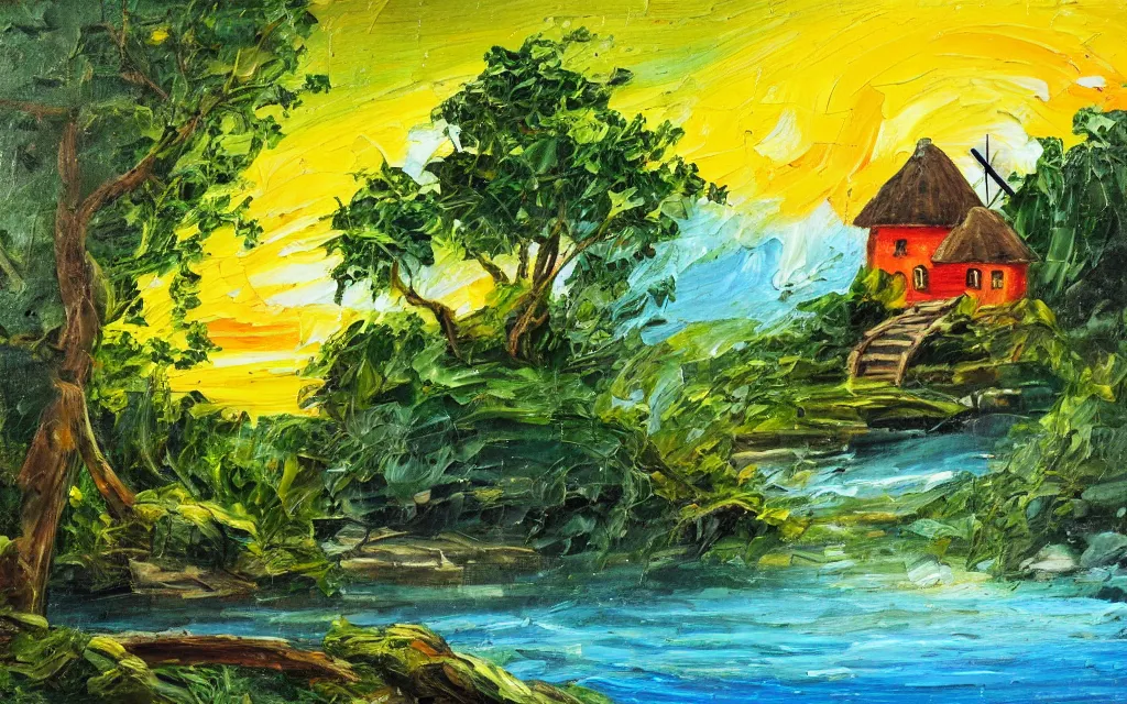 Image similar to a small island with a cozy cottage, tropical forest, river, waterfall, windmill, garden courtyard, sunset, puffy clouds, dynamic lighting, thick brush strokes oil impasto painting